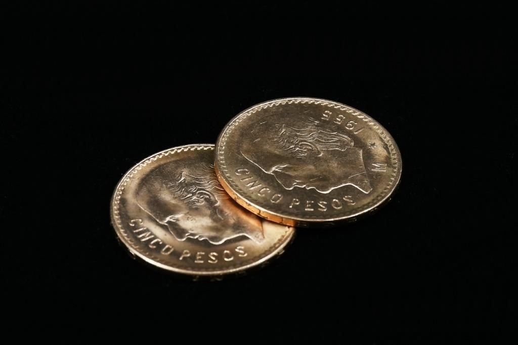 2 1955 CINCO PESOS GOLD COINS