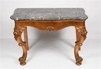 ANTIQUE CARVED AND GILT MARBLE TOP HALL TABLE