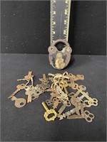 Antique Padlock Marked and Group of Keys