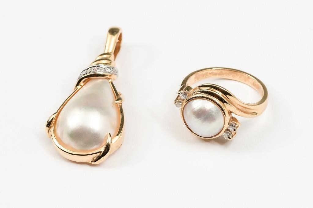 14K GOLD MABE PEARL RING & DIAMOND PENDANT SET