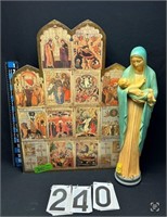 Wooden Religious Poster and 2’ Mary and Baby