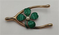 Vintage Good Luck Clover & Wishbone Pin w/Pearl
