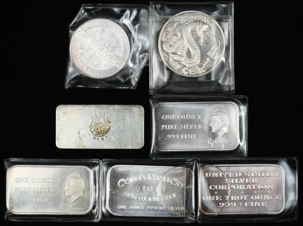 7 PC. PURE SILVER BARS & COINS