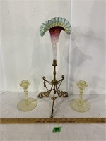 Coloured glass candleholders and vase
