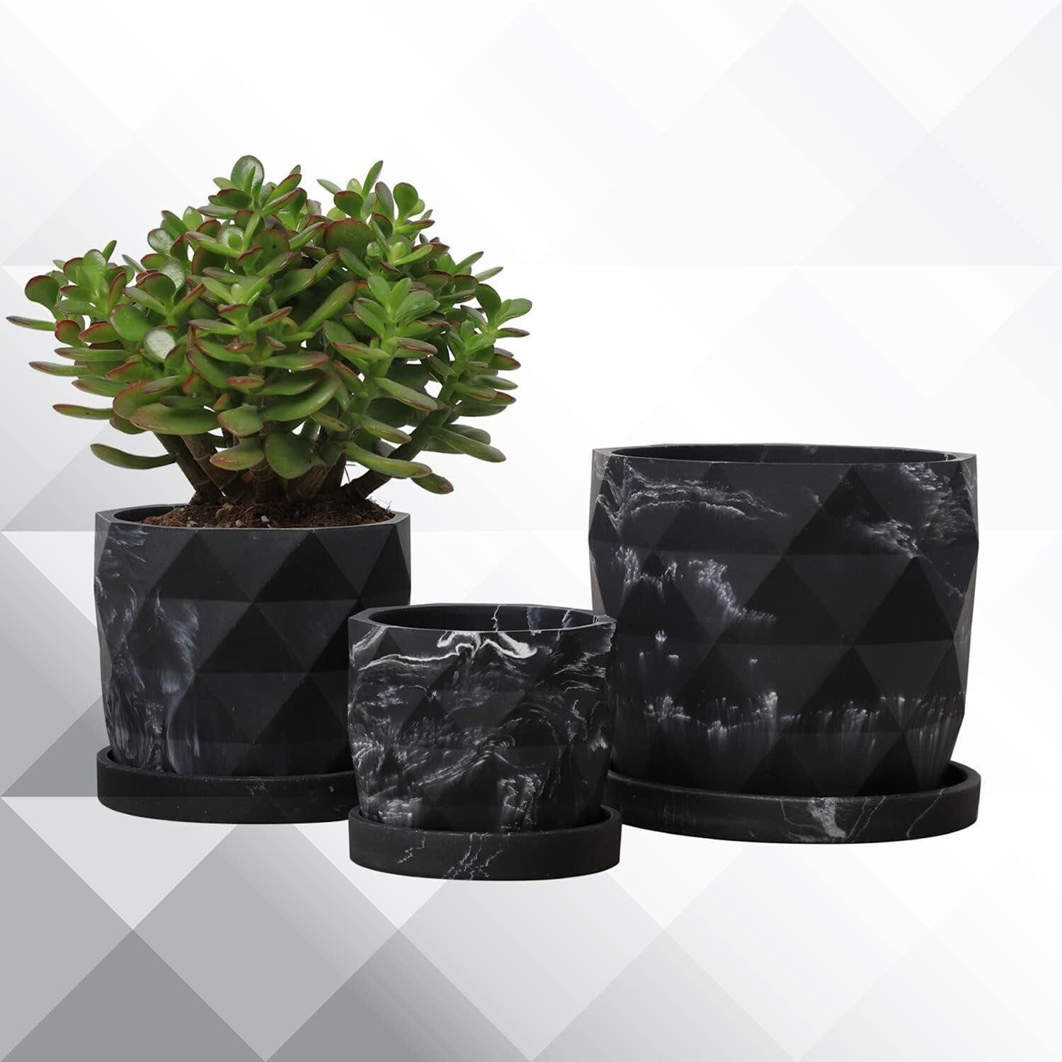$33  LKKL 3 Black Marble Plant Pots w/ Tray