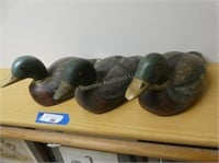 3 vintage wood duck decoys with glass eyes - 13"