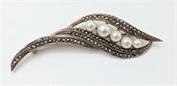 Victorian 3" Sterling Pearl Marcasite Brooch