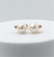 14K GOLD Genuine Diamond Pearl Earrings 14K B Ends