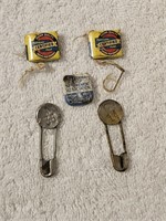 3 Vintage Seed Bag Metal Tags & 2 Antique Bag Tags