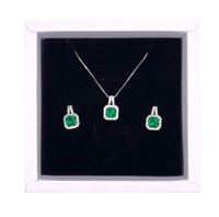 Sterling Silver Emerald 2 Piece Halo Jewelry Set