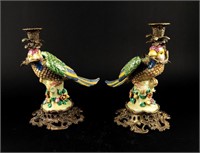 Lot of 2 Porcelain Parrot Candlestick Holders