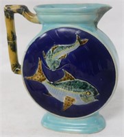 ENGLISH MAJOLICA PITCHER WITH BAMBOO HANDLE AND