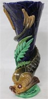 FRENCH MAJOLICA VASE WITH DOLPHIN & CAT O' NINE