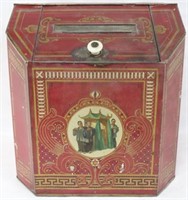 19TH C. TIN TEA BOX, RED WITH GOLD TRIM & ASIAN