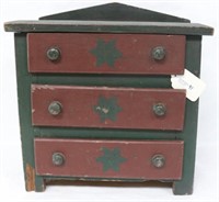 19TH C. CHILDS PAINTED 3 DRAWER CHEST, GREEN &