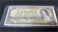 1954 Bank Of Canada 20 Dollar Bill Circulated