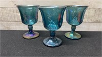 3 Vintage Indiana Glass Goblets Blue Grape & Leaf