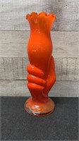Vintage Orange Cased Figural Hand Vase 9" Tall