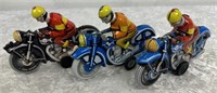 3 x Tin Toy Mechanical Clockwork Motorcycle Riders