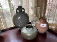 GLASS VASE AS IS AND 3 POTTERY VASES