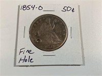1854 O Seated Silver Half Dollar,FINE,Hole