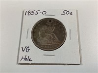 1855 O Seated Half Silver Dollar,VG,Hole