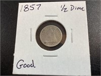 1857 Silver 1/2 Dime,GOOD