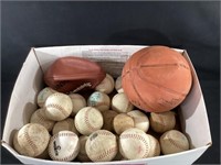 Vintage Box of Softballs,Football & Basketball