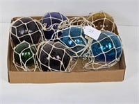 7 Glass Fishing Net Balls Various Sizes Colors