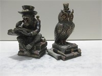 8" Metal Monkey & Owl Statues
