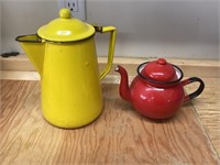 Vintage enamel coffee pot, and teapot