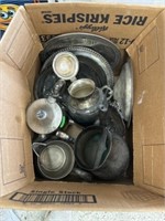 Box lot of silver plated plates pitchers and more