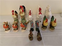 Golden Pheasants and rooster figurines