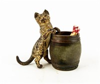 Bronze Cat On A Barrel Matchstick Holder