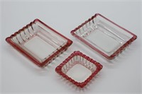 3pc Vntg Cranberry Rimmed Glass Ashtrays