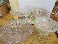 Two Depression Glass Bowls, Candy Dish, Cake Platt
