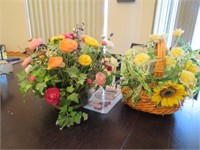 Two Floral Arrangements in Basket & Brass Basket
