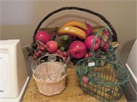 Faux Fruit Basket and Two Wire Baskets