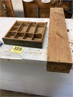 Old wooden cash drawer and a wooden shipping box