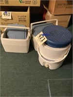 2 Coleman coolers and a 2 gallon igloo container