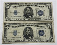 (YZ) 2 Blue $5 Silver Certificates Bills times