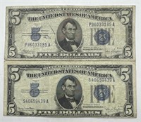 (YZ) 2 Blue $5 Silver Certificates Bills times