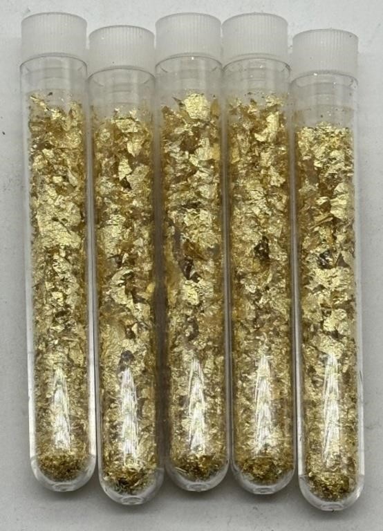 (DD) 5 Glass Vials of Gold Flakes  (3.5"  long)