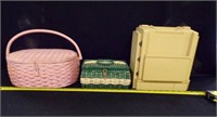 Vintage Sewing Box Caddy; (2) wicker  baskets
