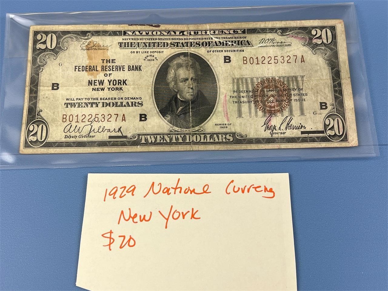 1929 20$ US BILL NATIONAL CURRENCY NEW YORK BILL