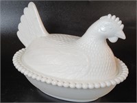 Milk glass Hen on Nest 7"L x 5"H