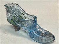 Fenton Blue Hand Painted Glass Shoe Signed by