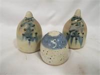 (3) Signed Pottery Salt n Pepper Shakers + Salt