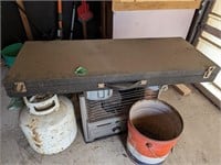 Sears heater, LP tank, metal storage case