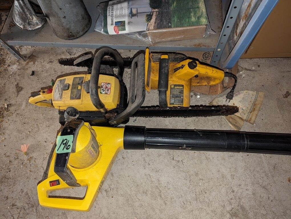 Leaf blower, gas chainsaw, electric chain saw
